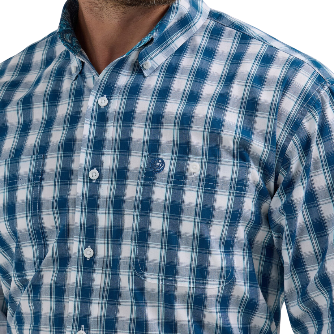 Wrangler Men's George Strait Plaid White Teal Shirt