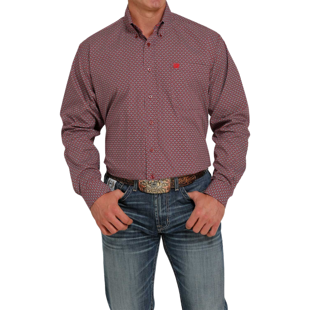 Cinch Men's Button Down Print Burgendy Shirt