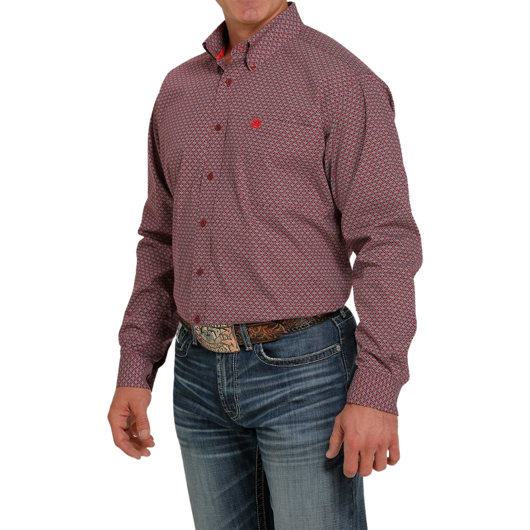 Cinch Men's Button Down Print Burgendy Shirt