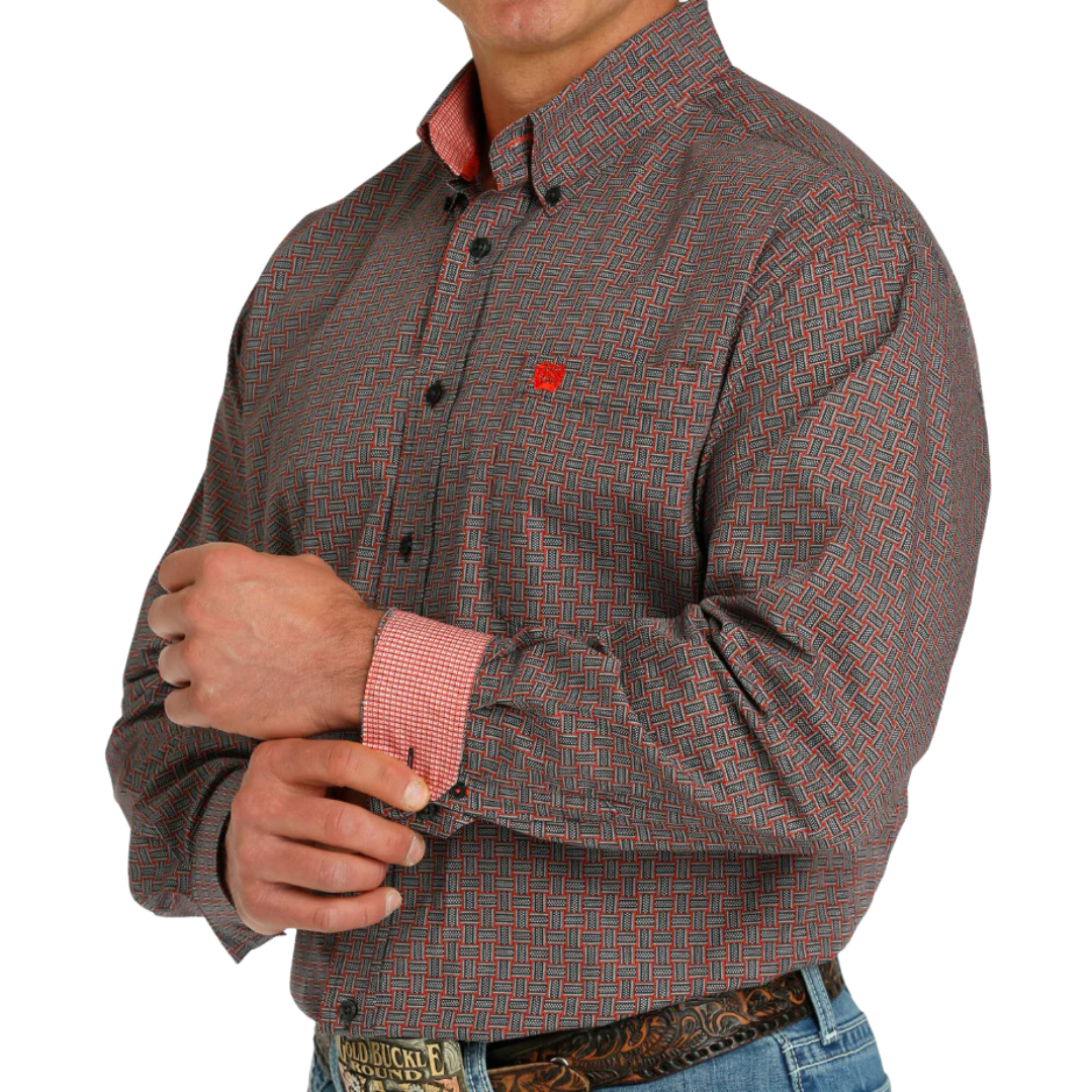 Cinch Men's Button Up Red Black White Shirt