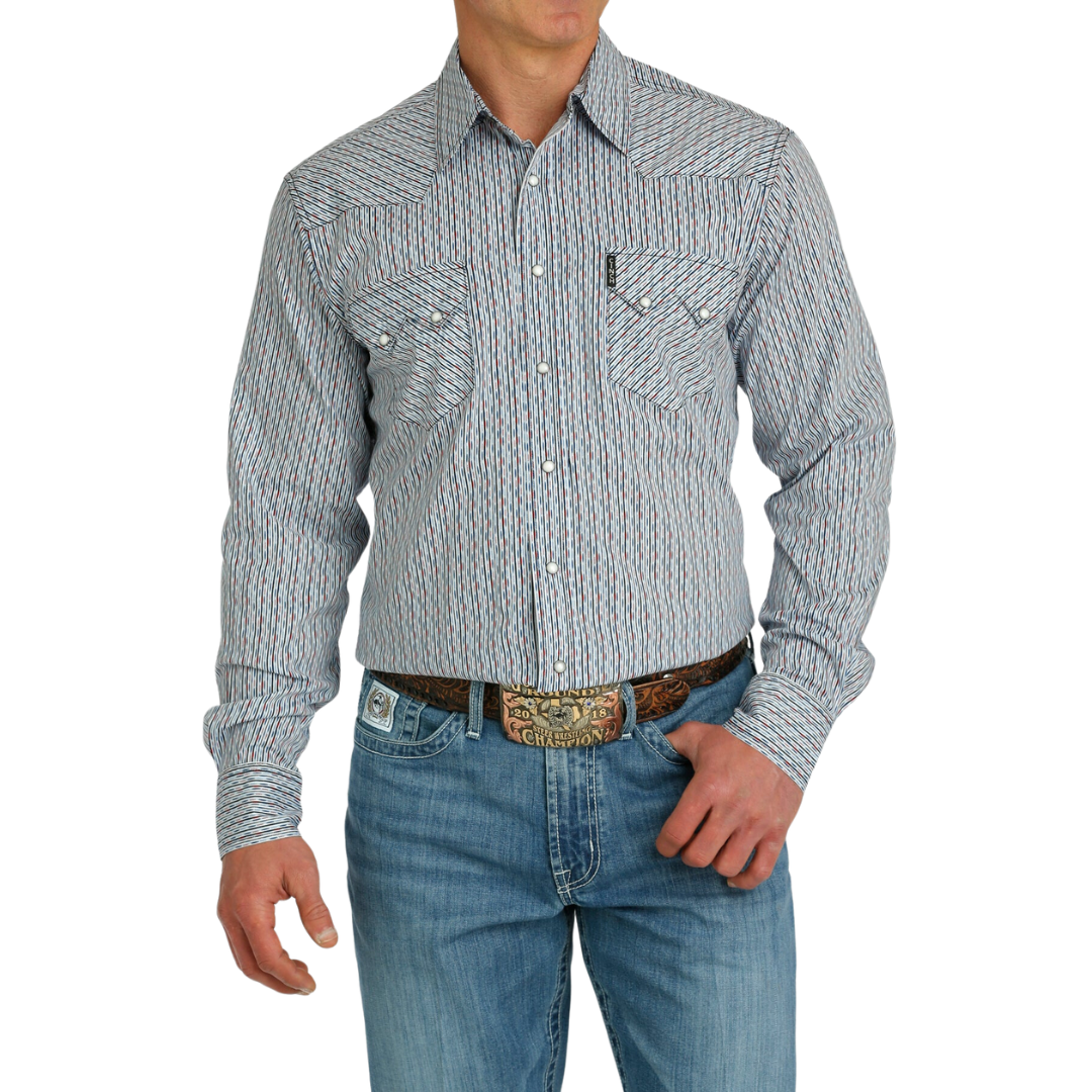 Cinch Men's Modern White Red Dash Print Shirt