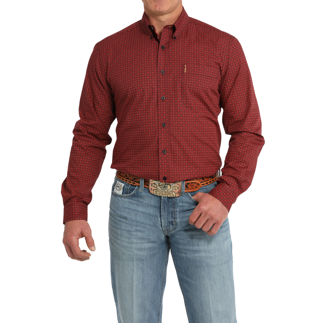 Cinch Men's Modern Fit Geometric Red Shirt