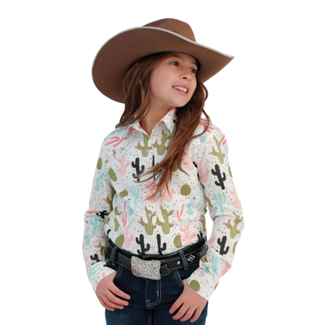 Cruel Youth Girl's Long Sleeve Cactus Print Snap Cream Shirt