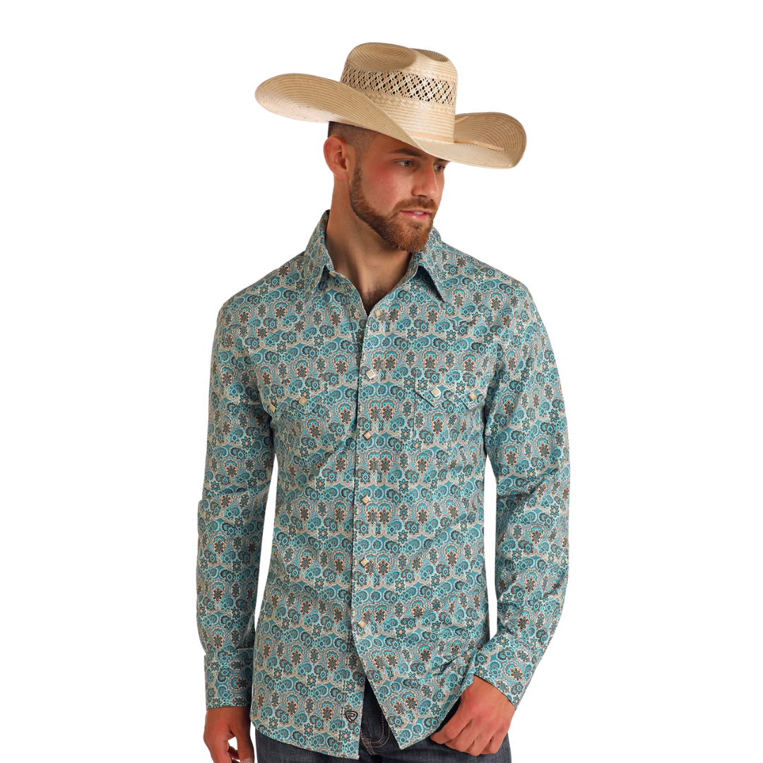 Rock & Roll Men's Medallion Print Turquoise Shirt