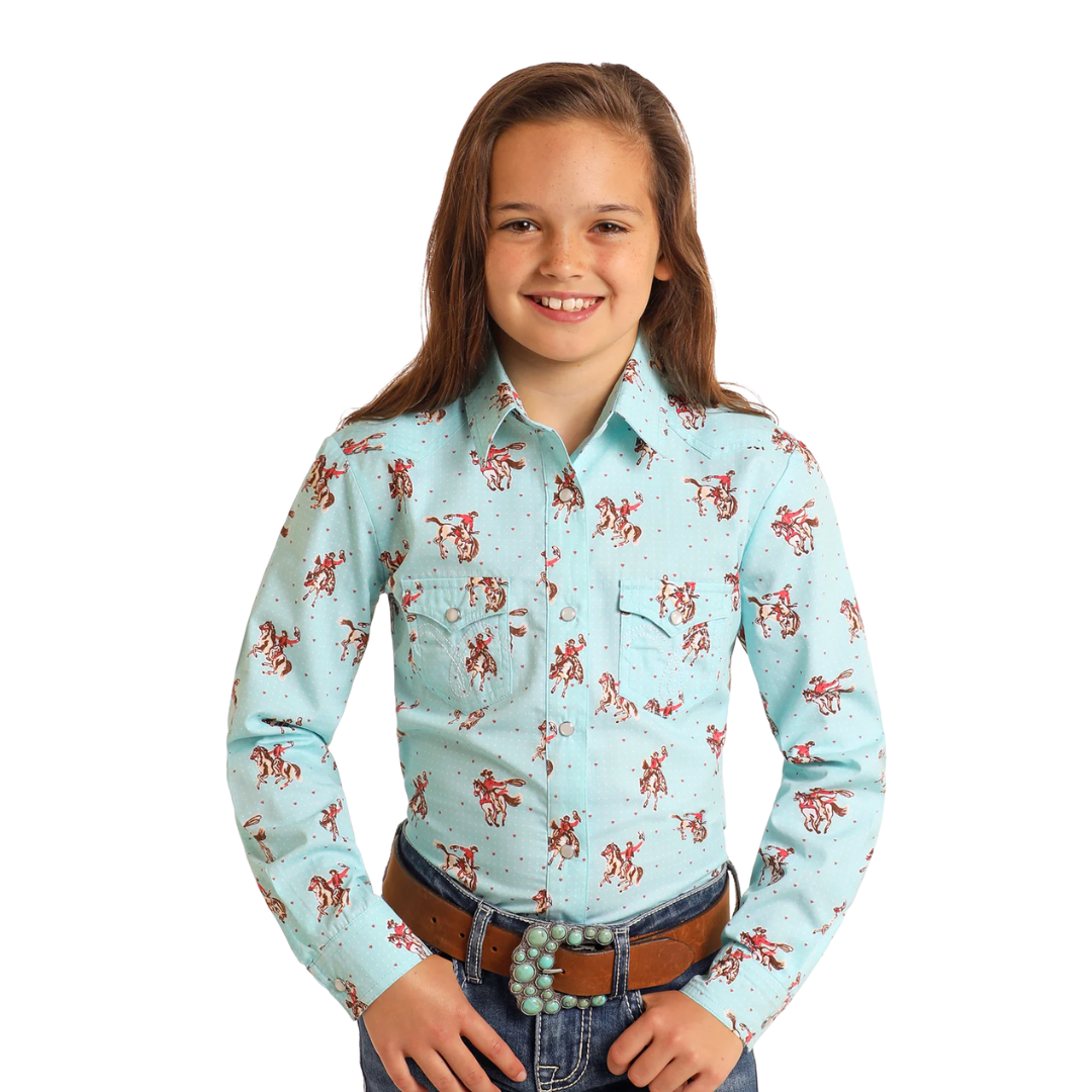 Panhandle Slim Youth Girl's Horse Print Turquoise Shirt