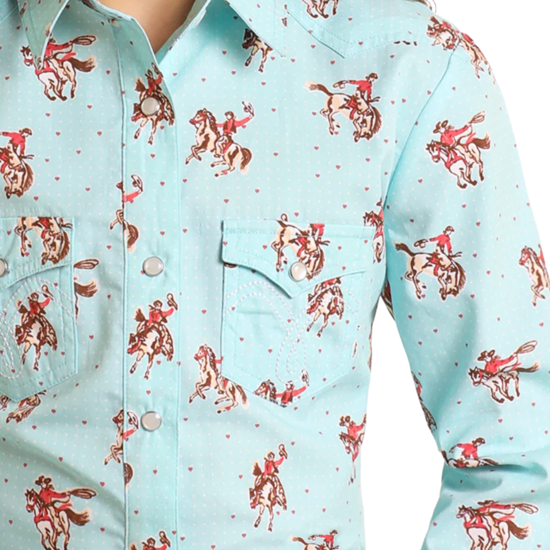 Panhandle Slim Youth Girl's Horse Print Turquoise Shirt