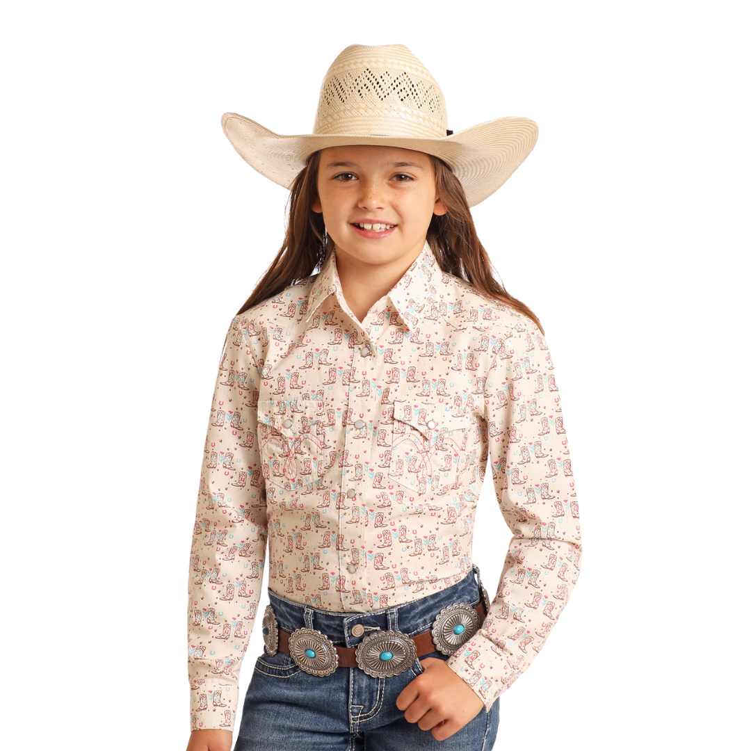 Panhandle Slim Youth Girl's Boot Print Cream Shirt
