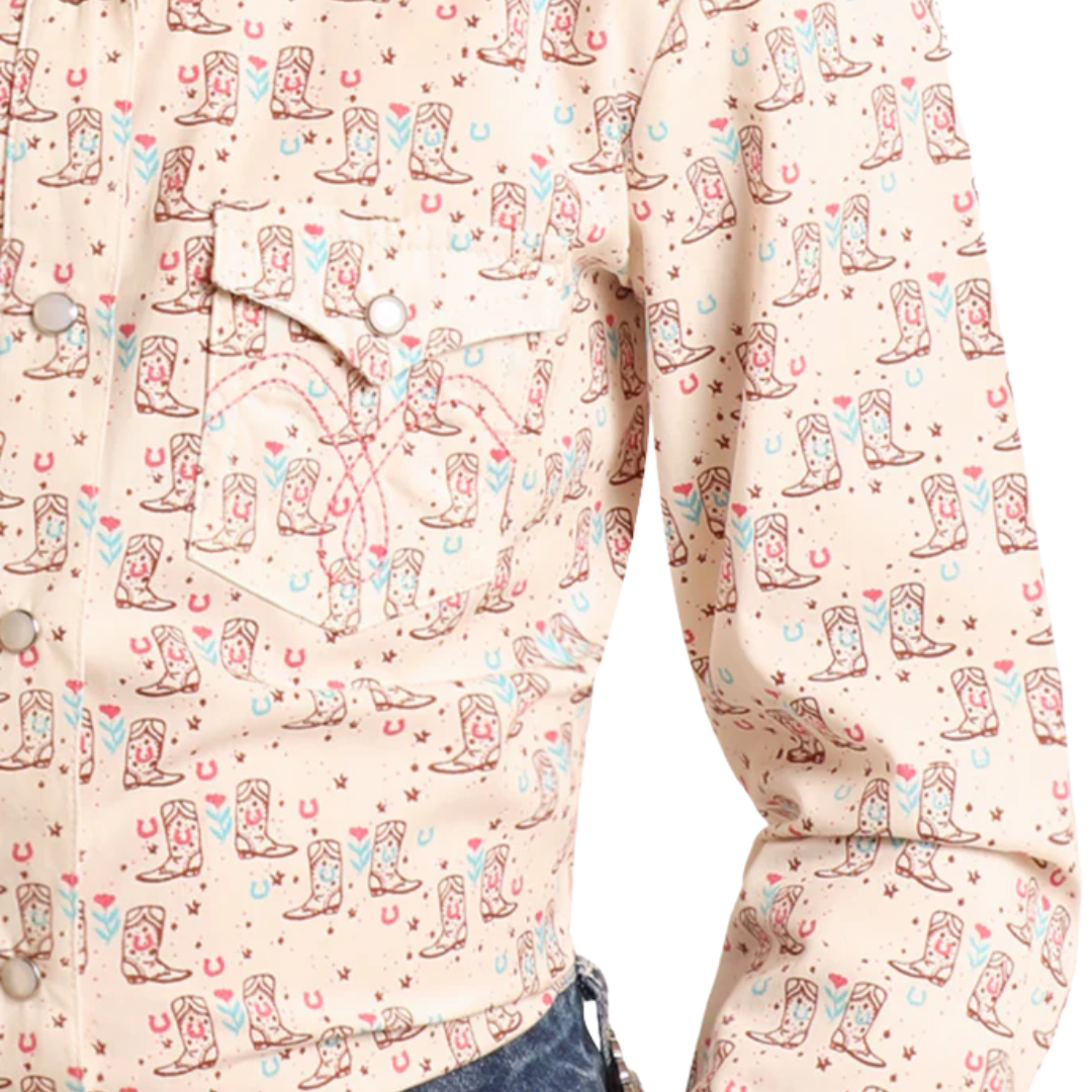 Panhandle Slim Youth Girl's Boot Print Cream Shirt