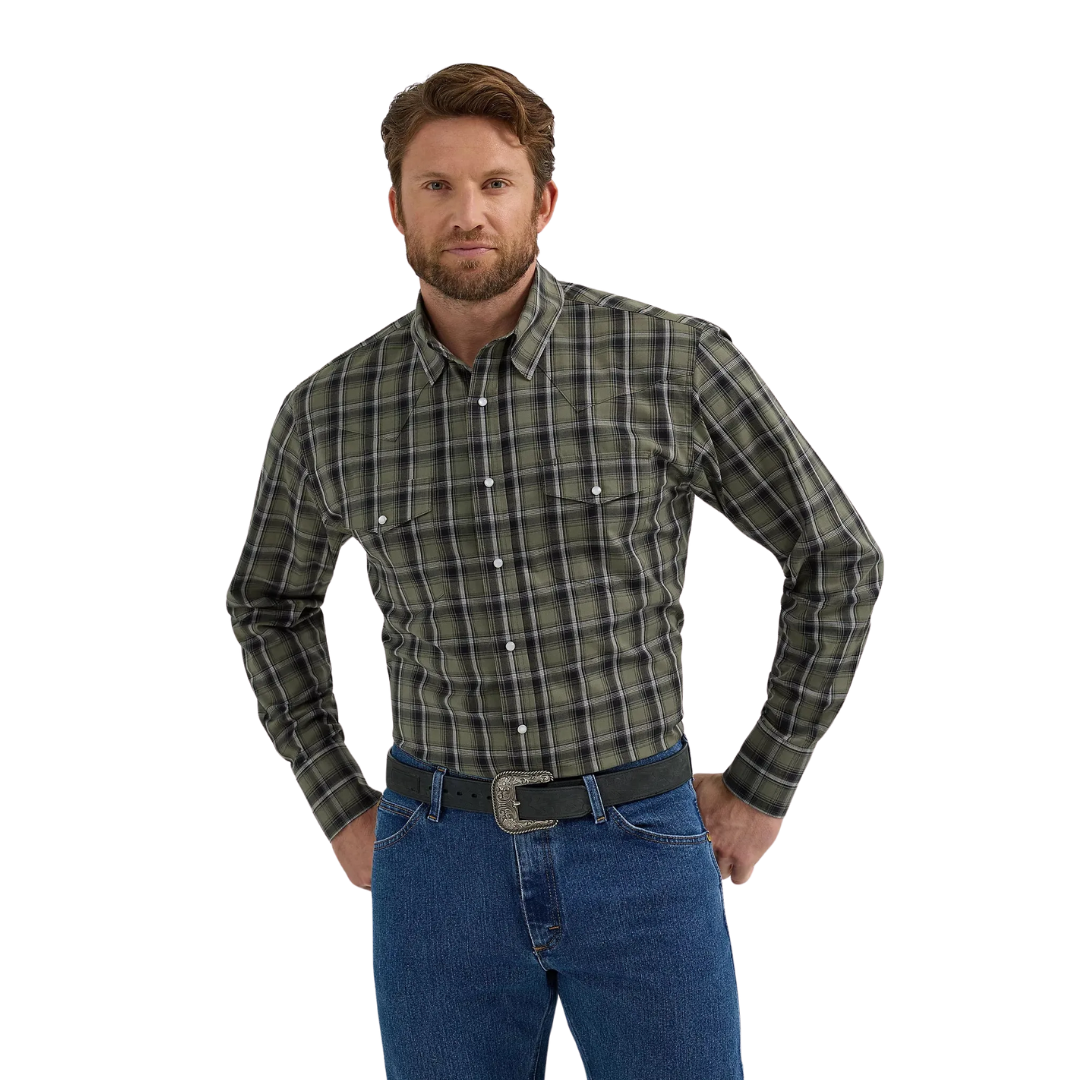 Wrangler Men's Western Snap Plaid Army Green Shirt
