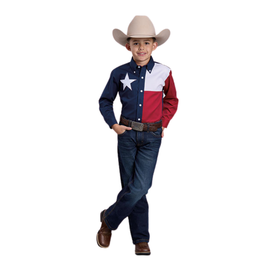 Roper Youth Boy's Texas Pieced Flag Blue Shirt