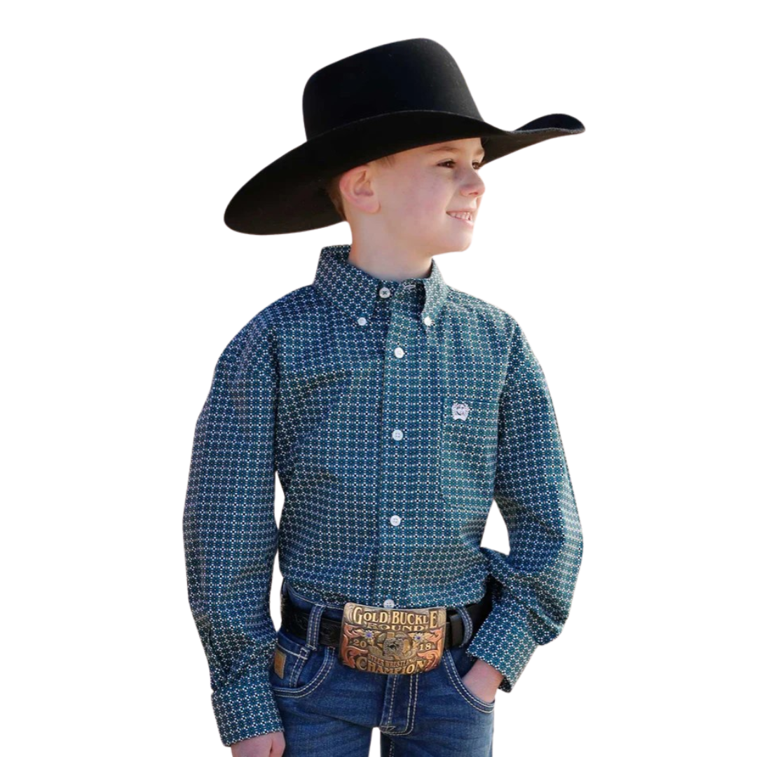 Cinch Youth Boy's Long Sleeve Geo Teal Shirt