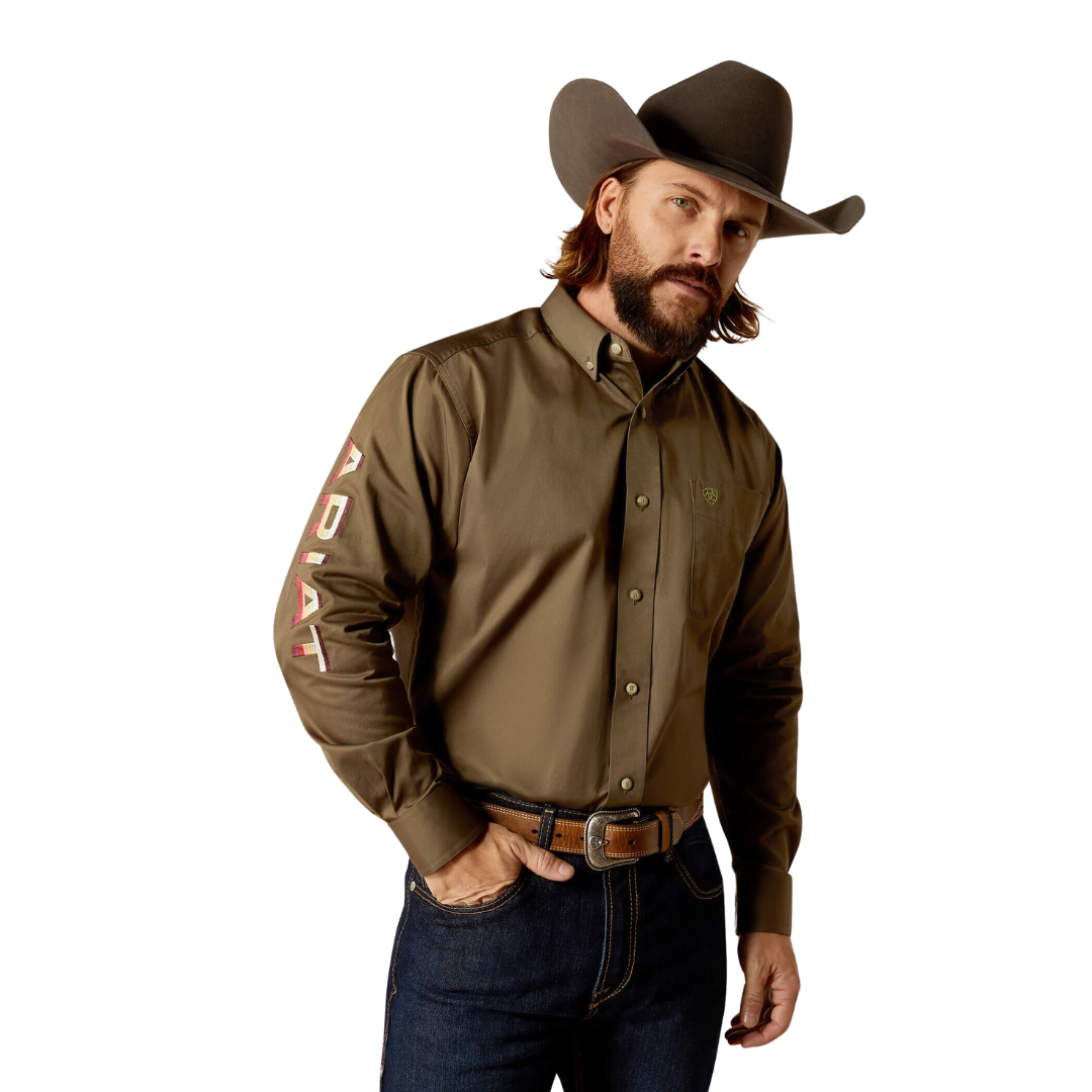 Ariat Men's Team Logo Twill Classic Fit Olive Green Orange Shirt