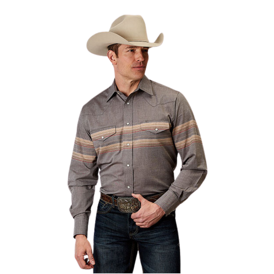 Roper Men's Border Stripe Grey Shirt