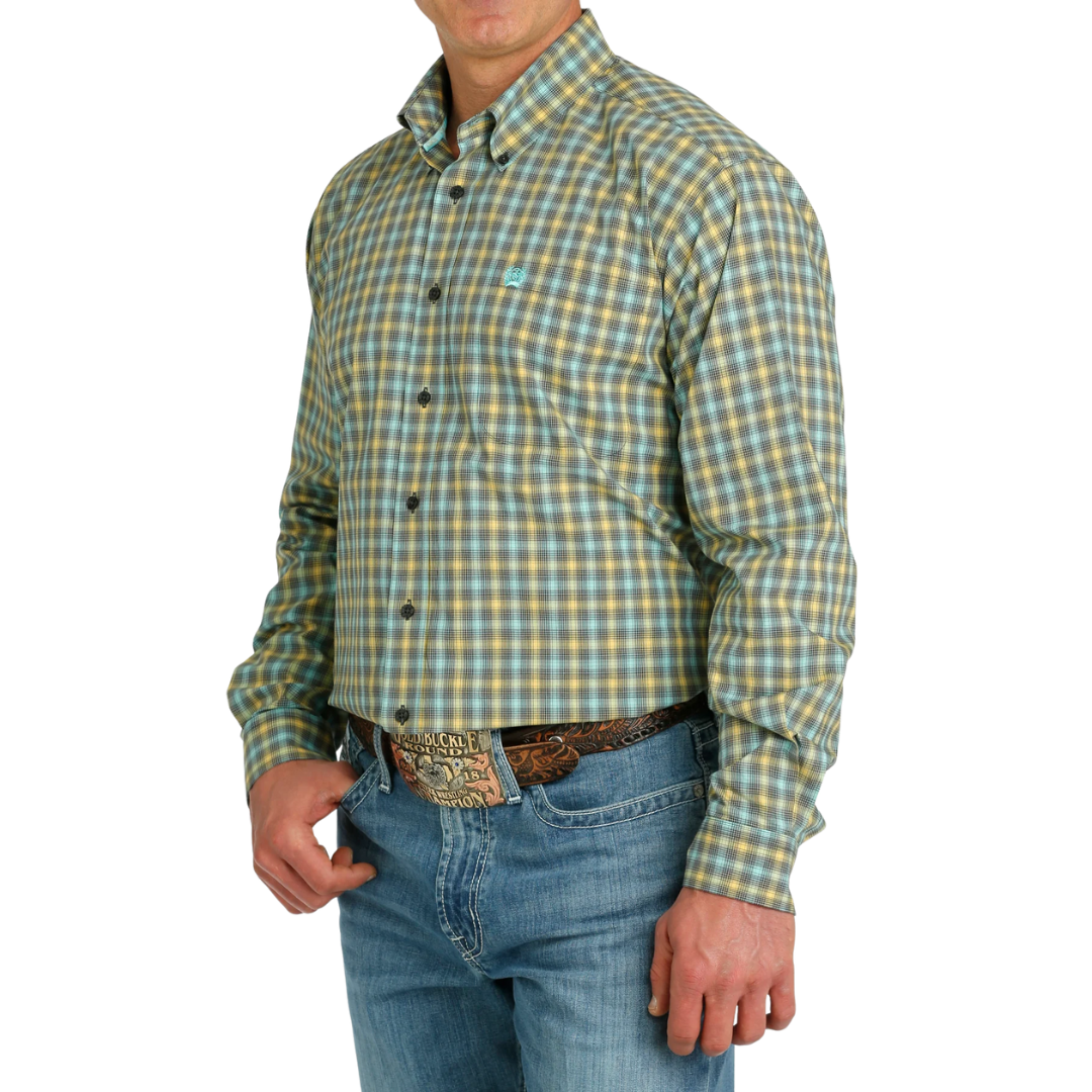 Cinch Men's Turquoise Charcoal Gold Plaid Shirt