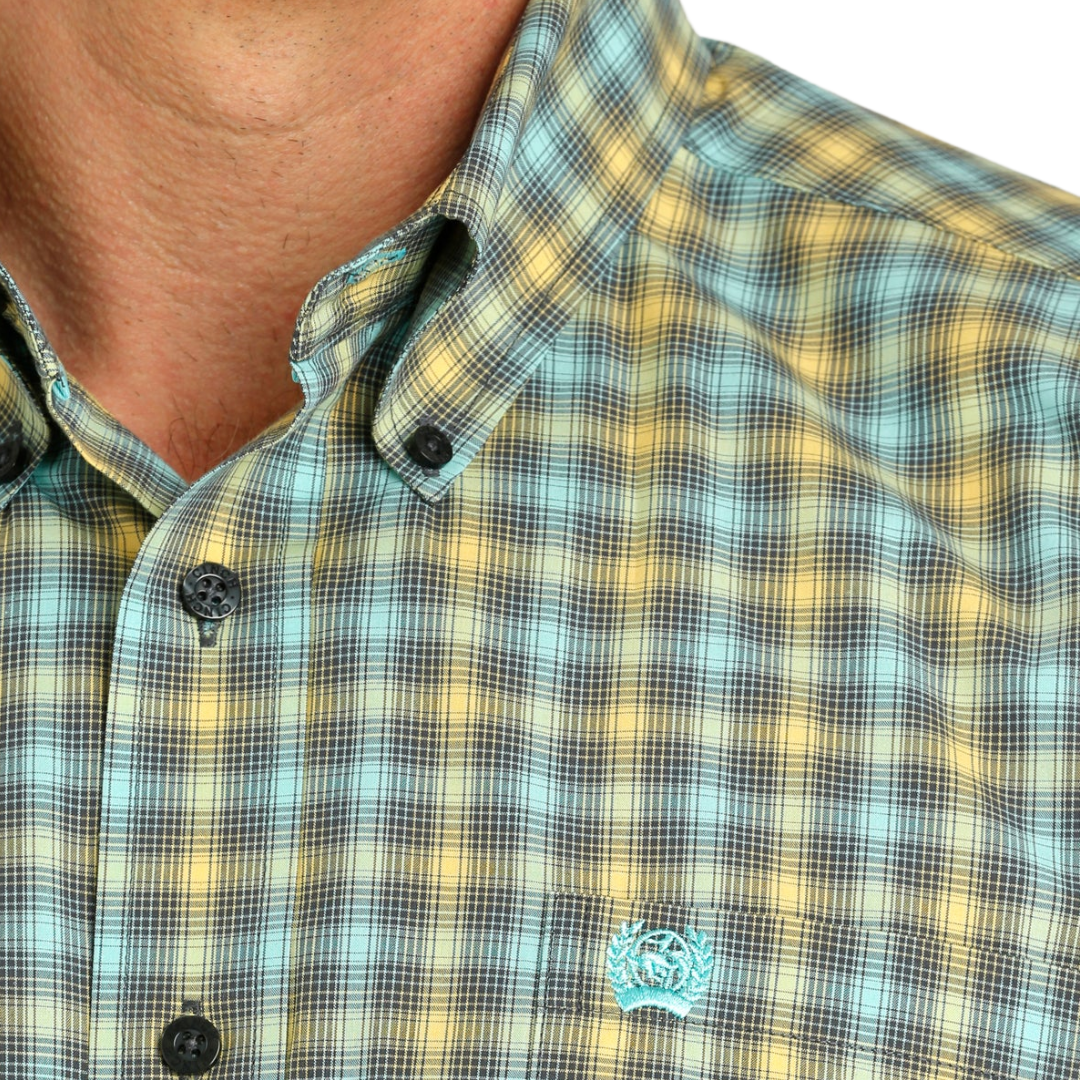 Cinch Men's Turquoise Charcoal Gold Plaid Shirt