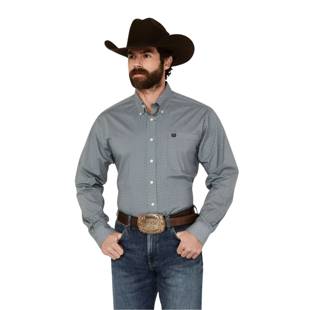 Cinch Men's Geo Print Long Sleeve Teal Shirt