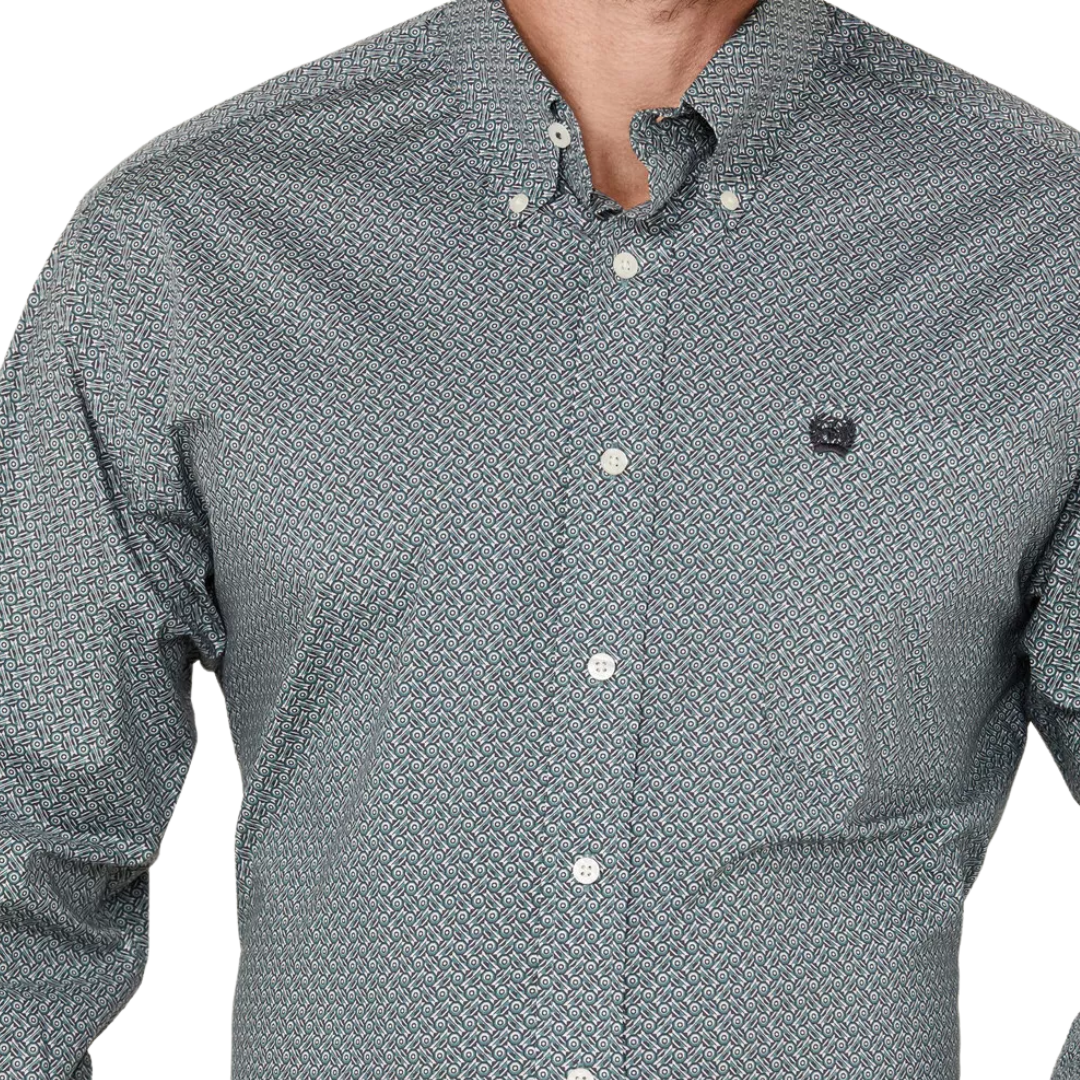 Cinch Men's Geo Print Long Sleeve Teal Shirt