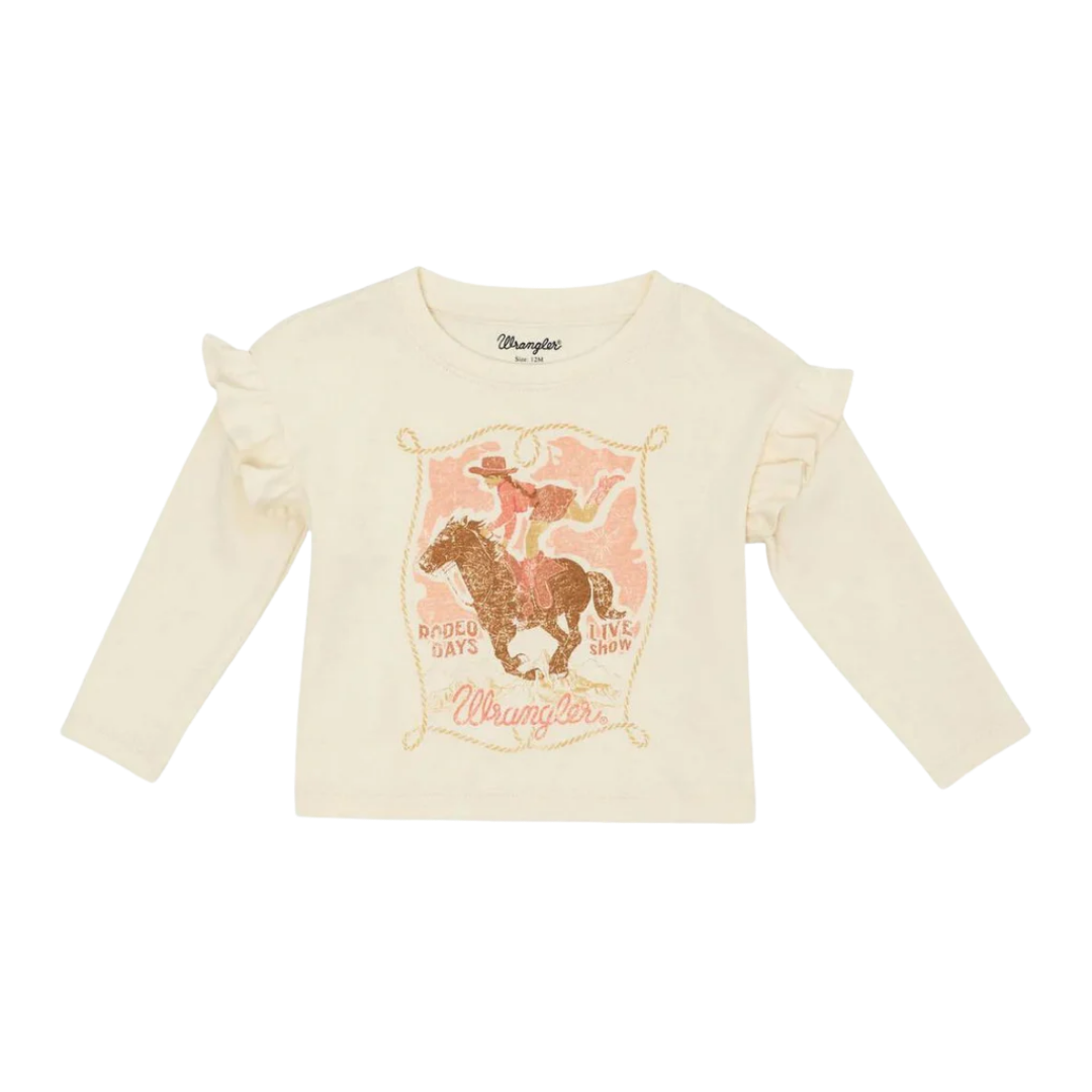 Wrangler Toddler Girl's Long Sleeve Ruffle Shoulder White Tee