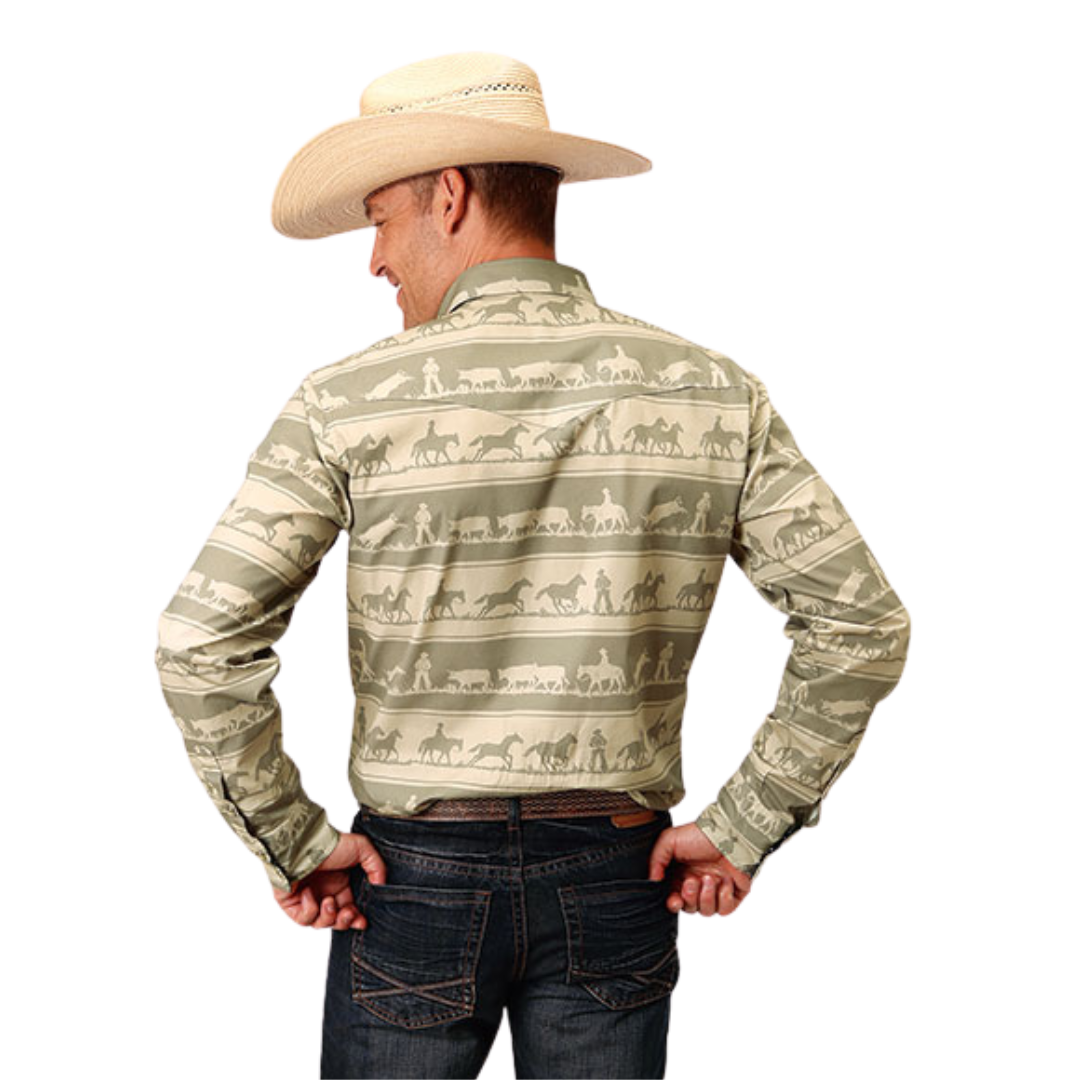 Roper Men's Cowboy Rugby Horizontal Print Brown Shirt