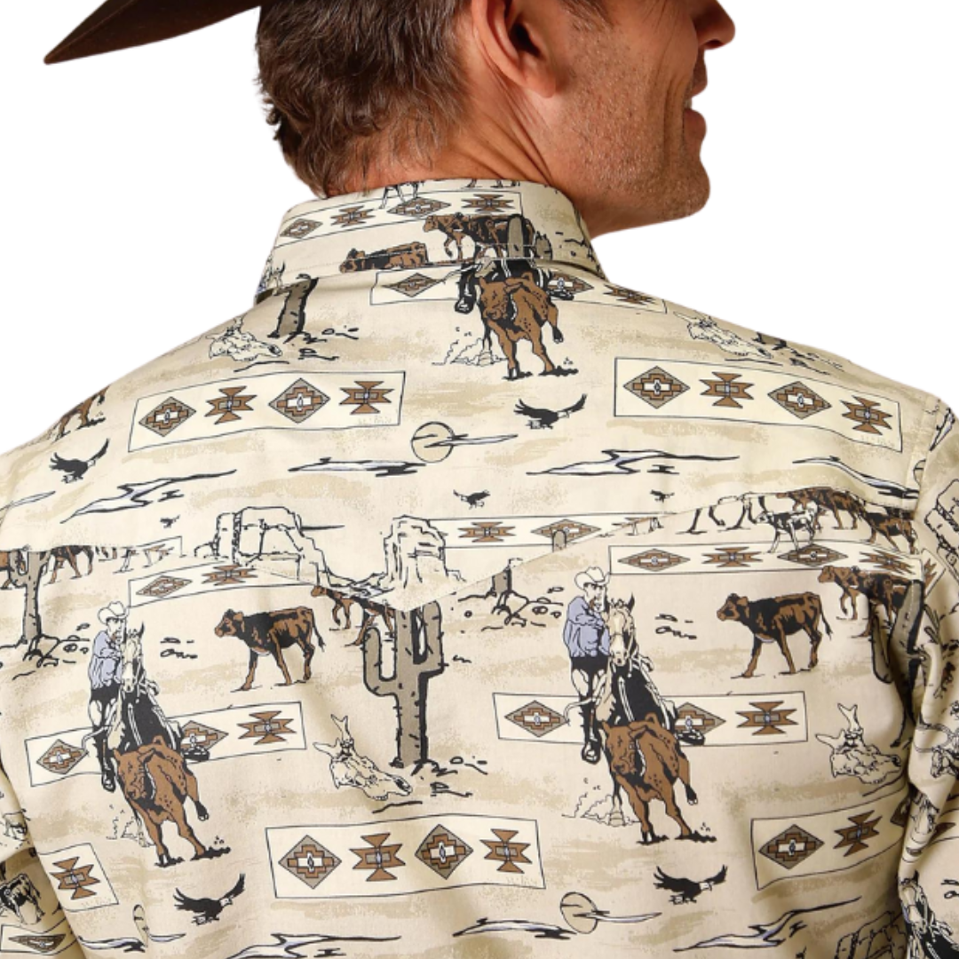 Roper Men's Vintage Postcard Print Brown Shirt