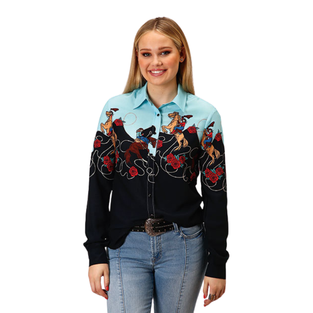 Roper Women's Cowgirl Border Printed Rayon Black Shirt