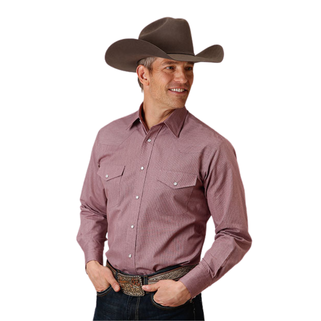 Roper Men's Squares Tone On Tone Wine Shirt