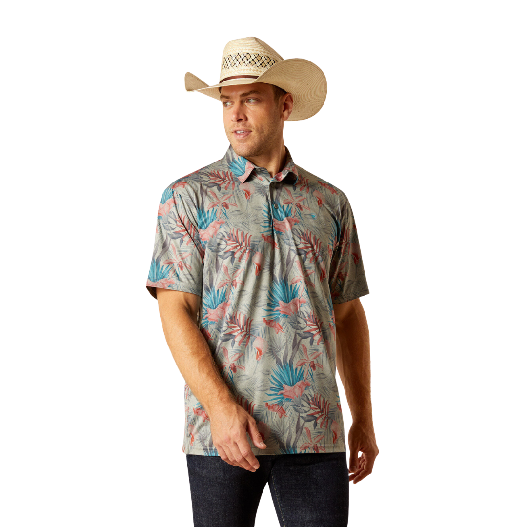 Ariat Men's Charger Printed Light Grey Heather Polo Shirt