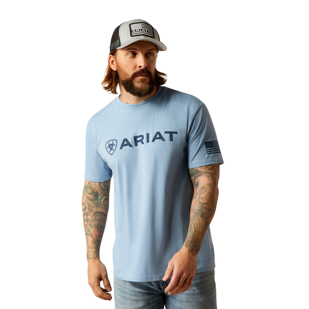 Ariat Men's Shield Flag Light Blue Heather Tee Shirt
