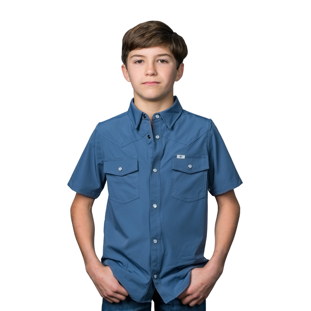 Ferrell Youth Boy's Short Sleeve Snap Blue Shirt