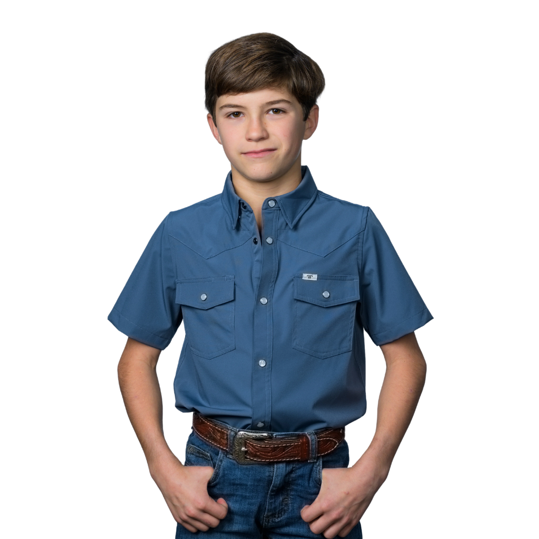 Ferrell Youth Boy's Short Sleeve Snap Blue Shirt