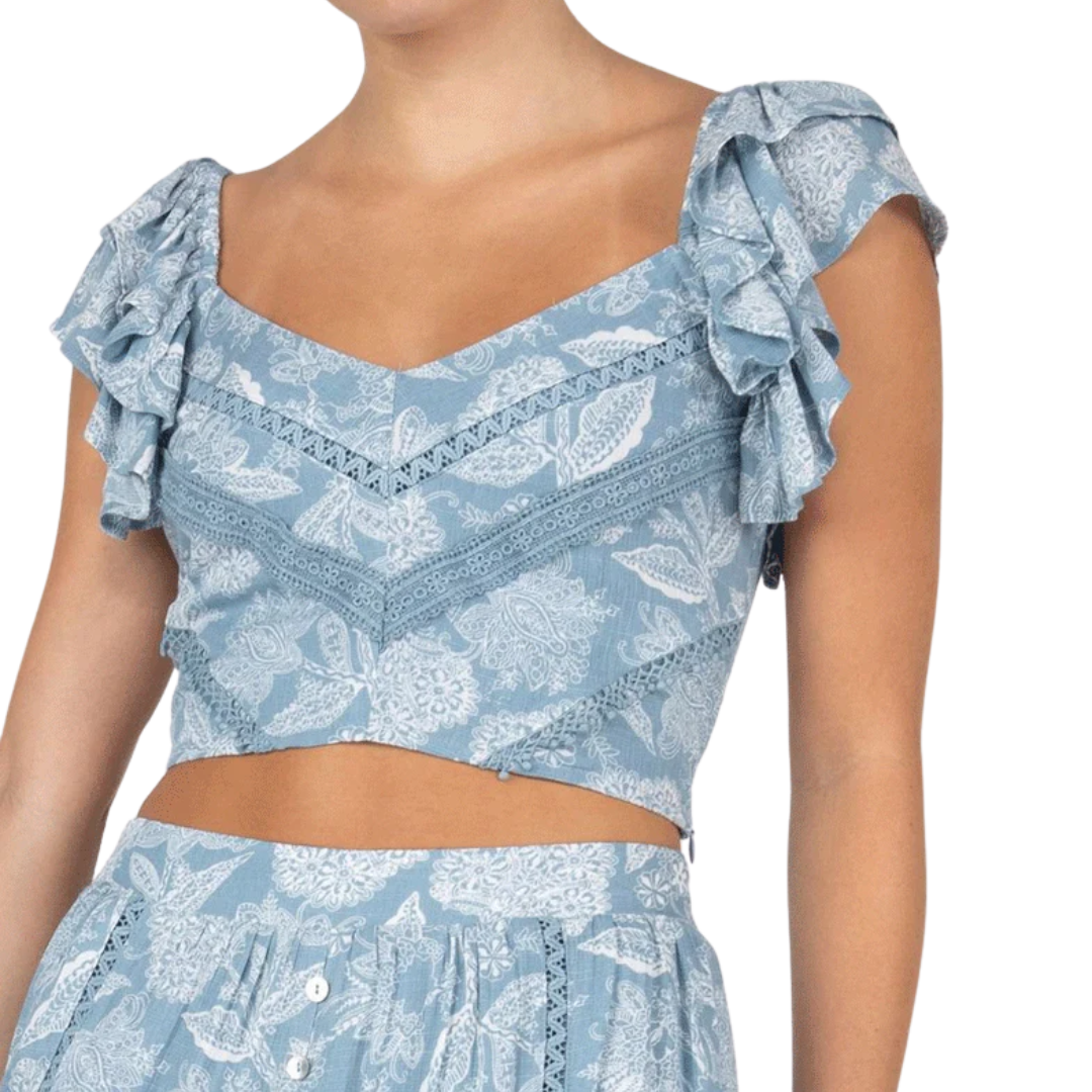 Miss Me Women's Cropped Ruffled Floral Light Blue Top