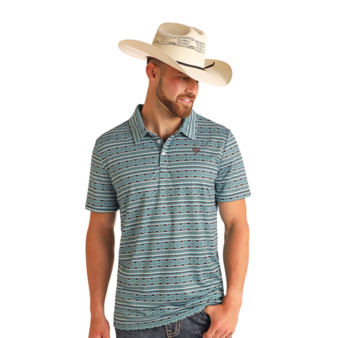 Panhandle Slim Men's Aztec Print Polo Teal Shirt