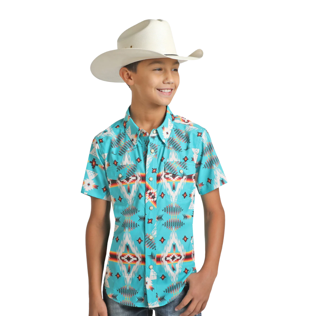 Rock & Roll Youth Boy's Tek Aztec Print Turquoise Shirt