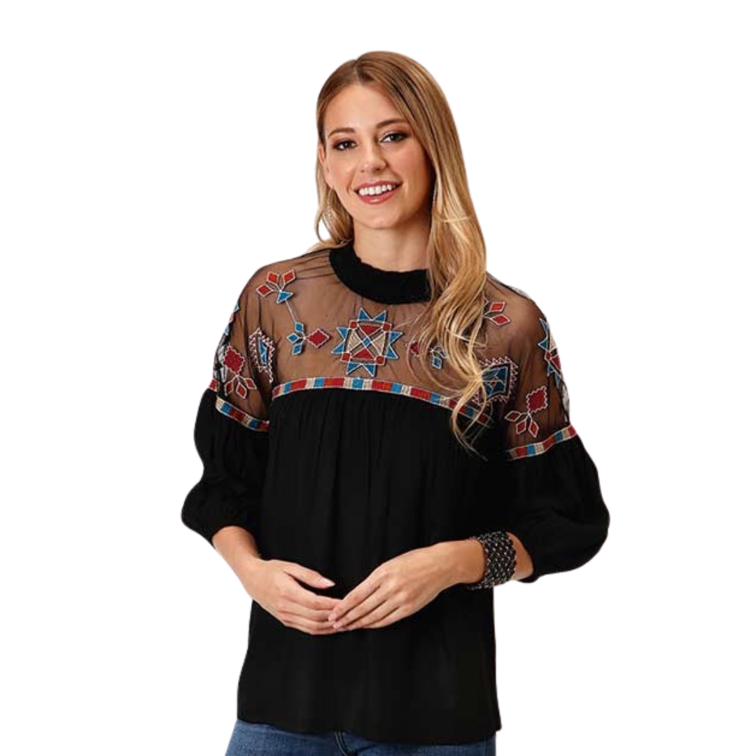 Roper Women's Bold Geometric Embroidery Black Shirt