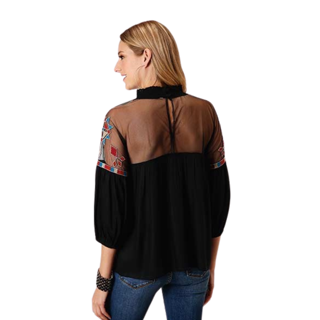 Roper Women's Bold Geometric Embroidery Black Shirt