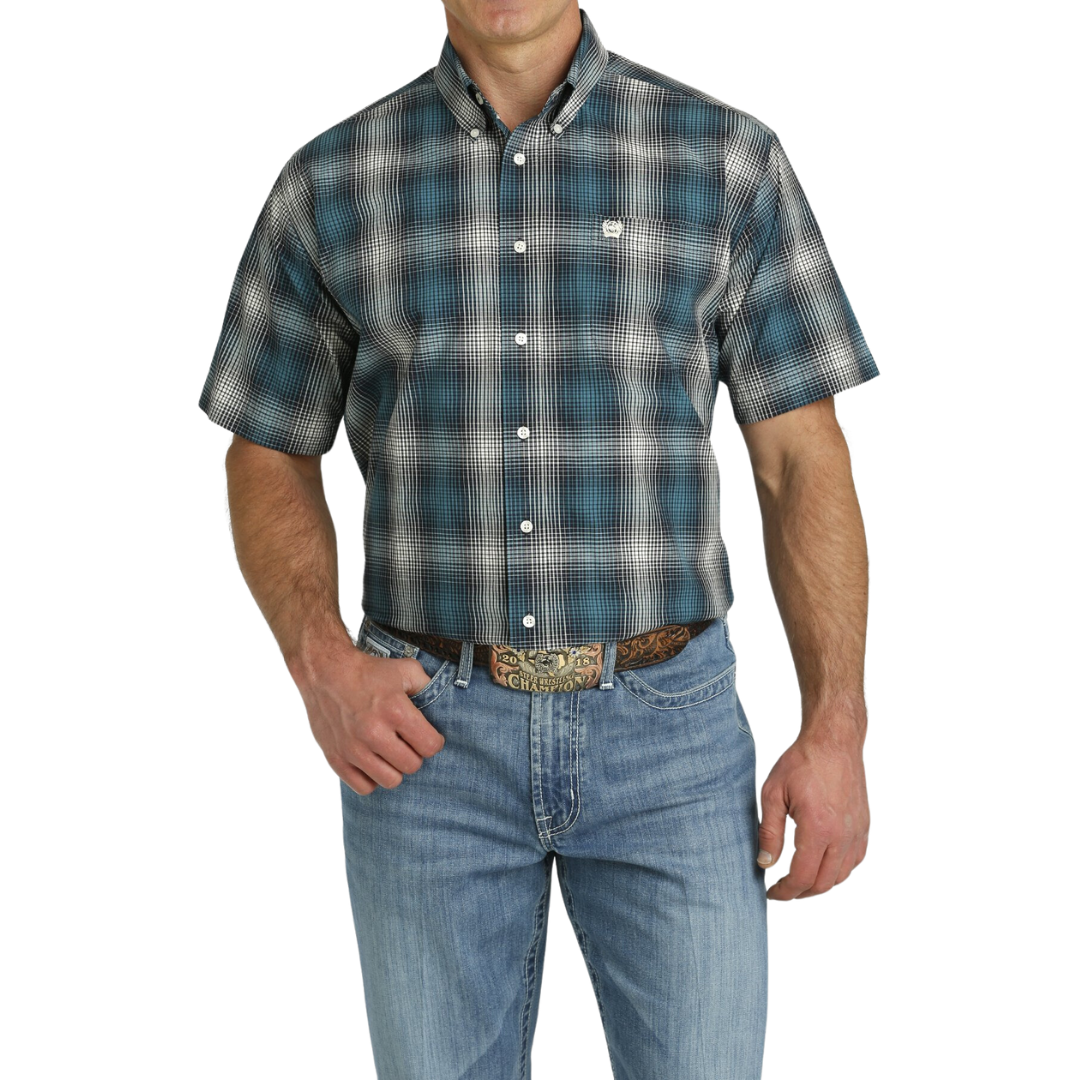 Cinch Men's Print Button Down Western Plaid White Navy Shirt