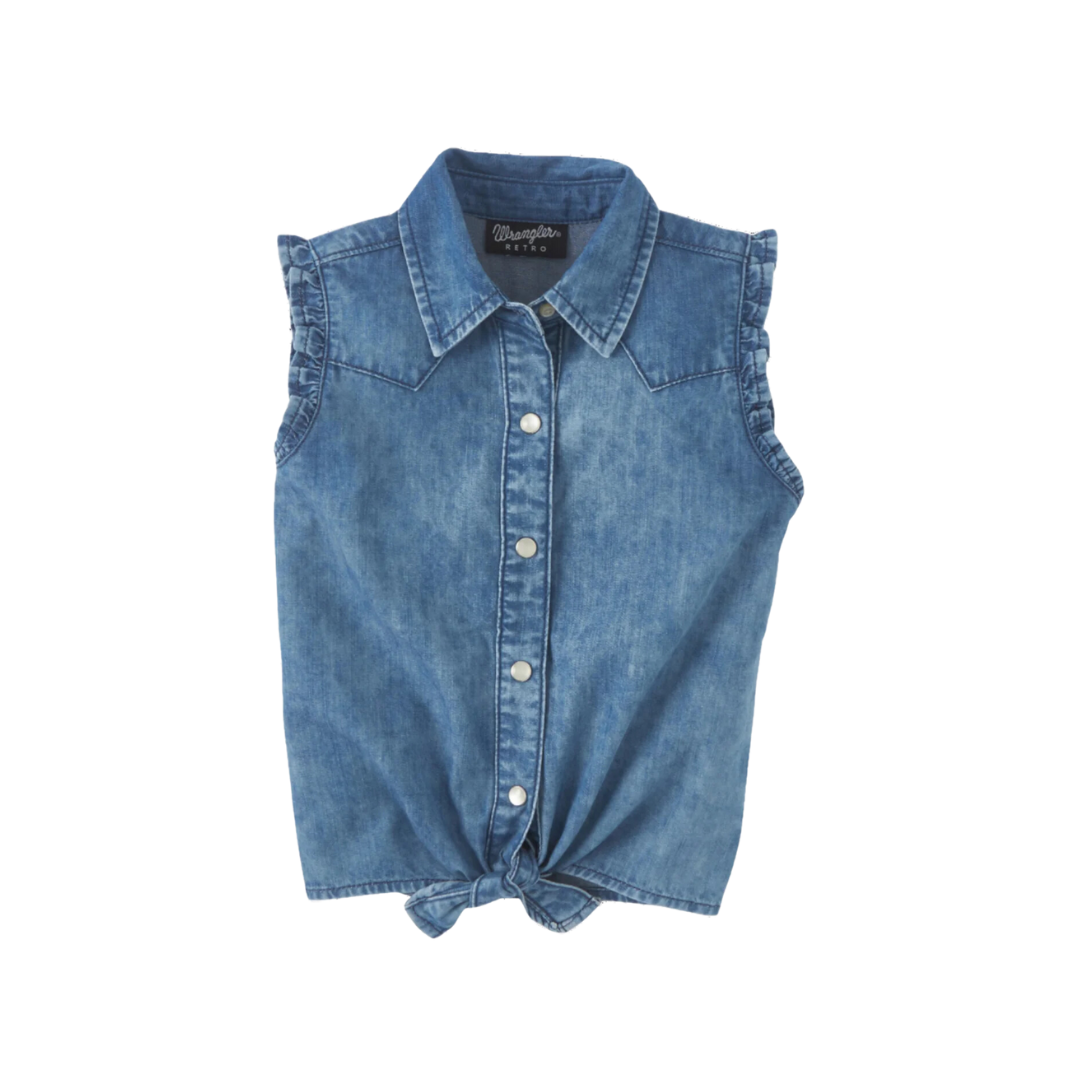 Wrangler Youth Girl's Ruffled Tie Denim Tank Blue Shirt