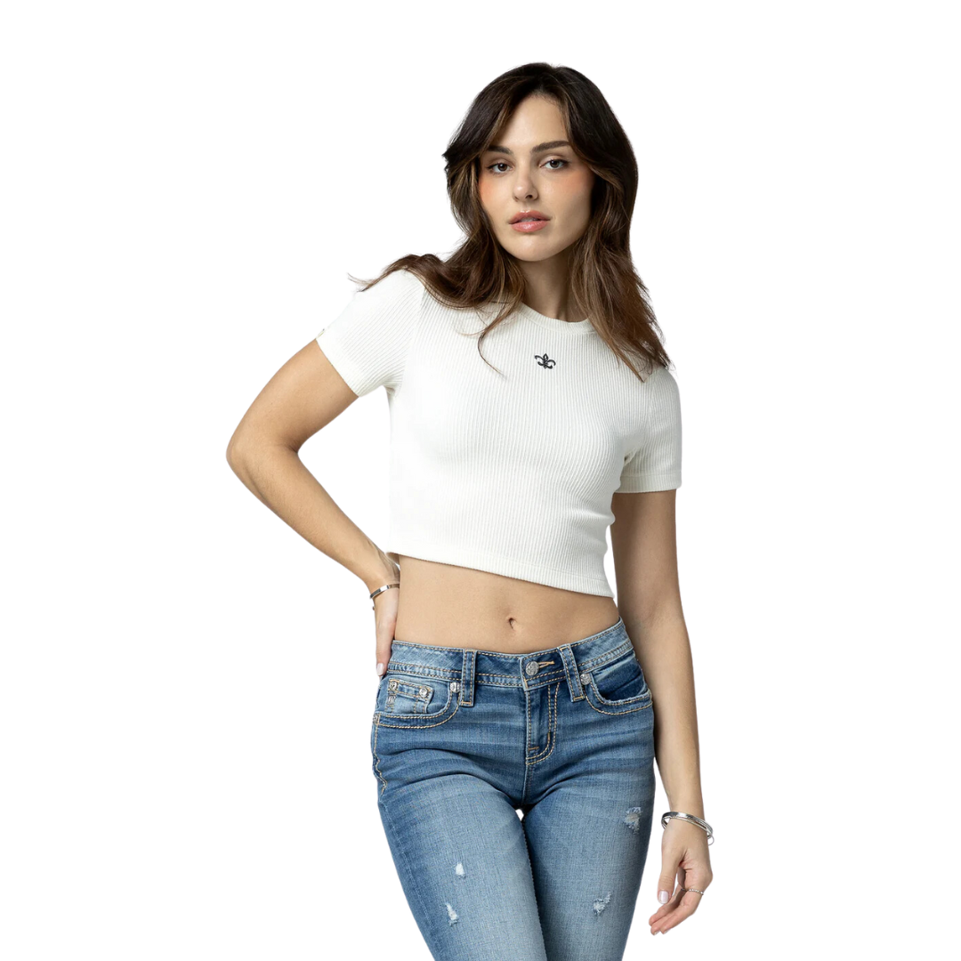 Miss Me Women's Classic Fleur Crop White Tee Shirt