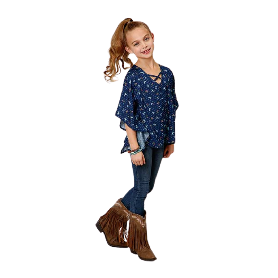 Roper Youth Girl's Horse Printed Blue Shirt