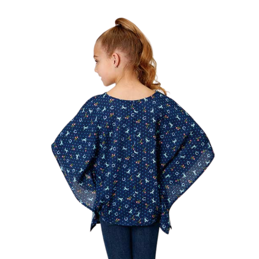 Roper Youth Girl's Horse Printed Blue Shirt