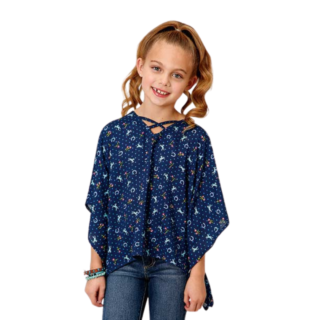 Roper Youth Girl's Horse Printed Blue Shirt