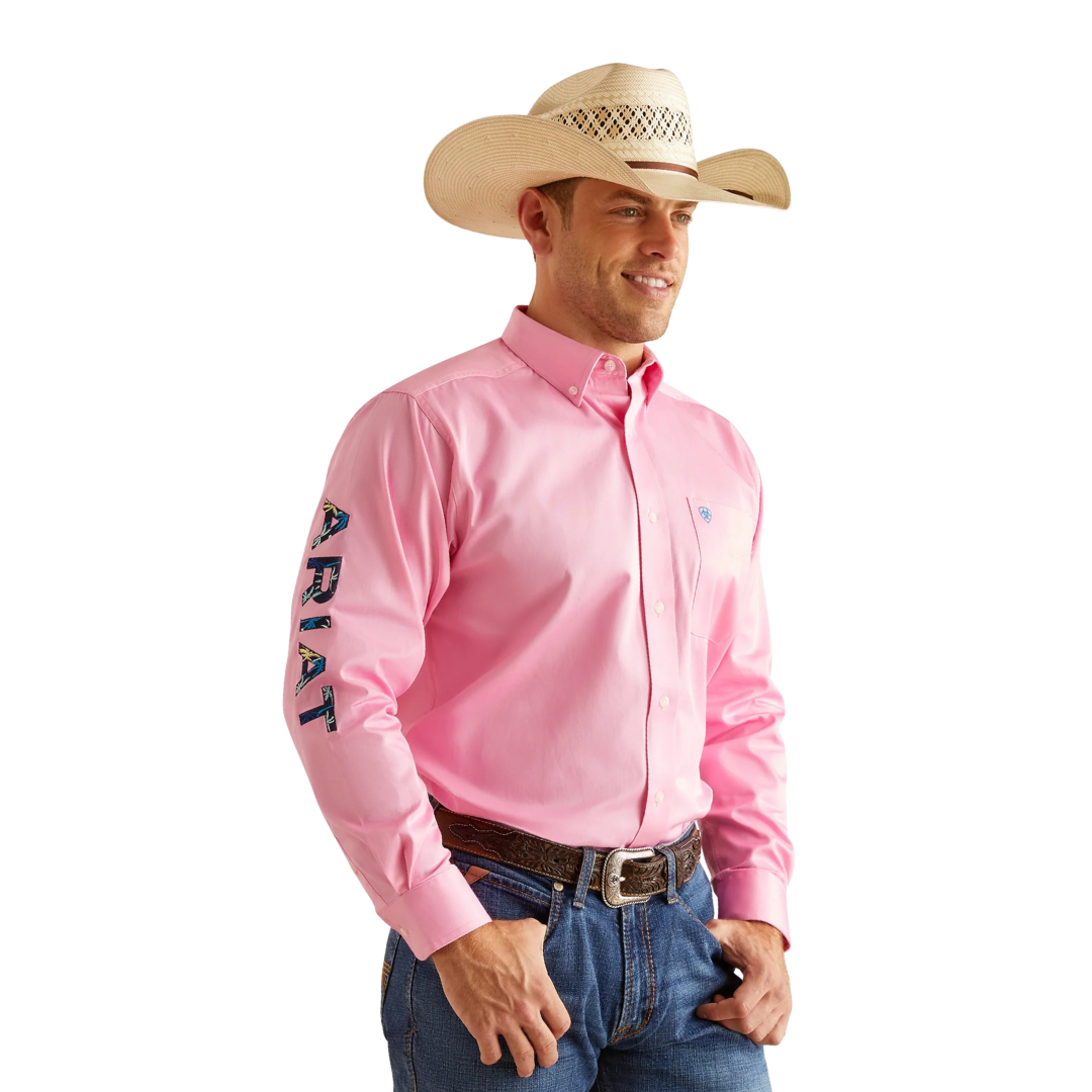 Ariat Men's Team Logo Twill Classic Fit Button Down Pink Shirt
