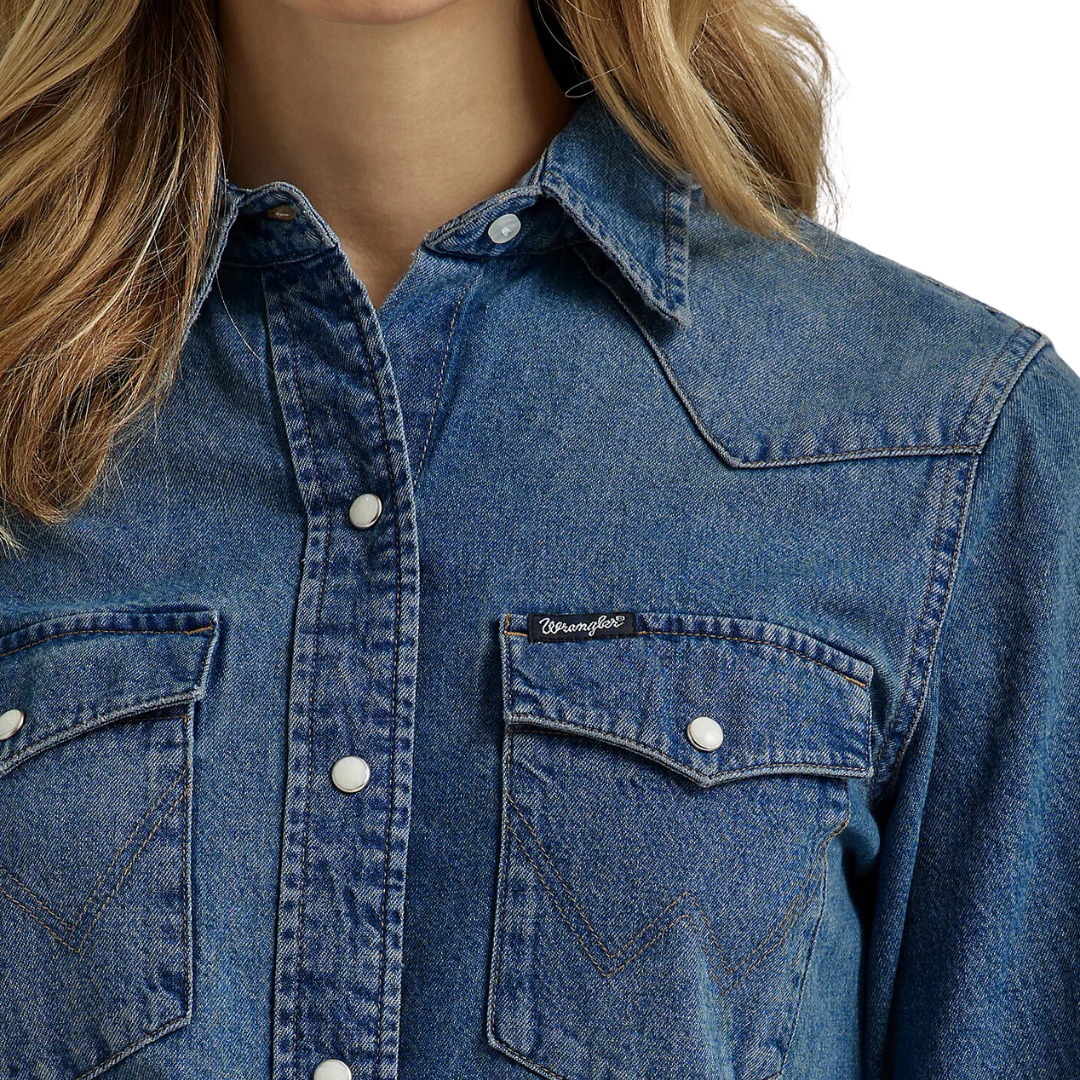 Wrangler Women's Denim Snap Navy Shirt - Slim Fit Western Style
