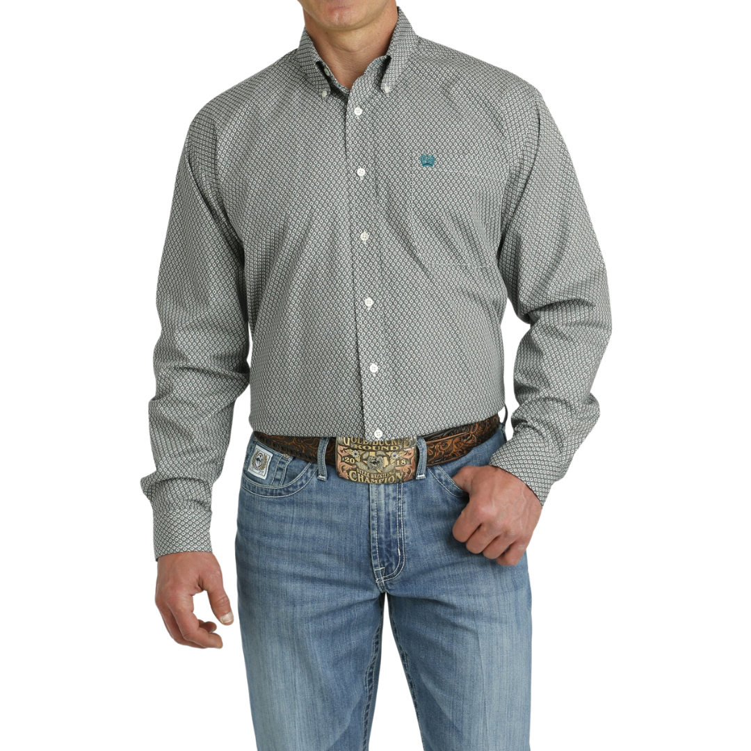 Cinch Men's Geometric Print Cream Teal Shirt