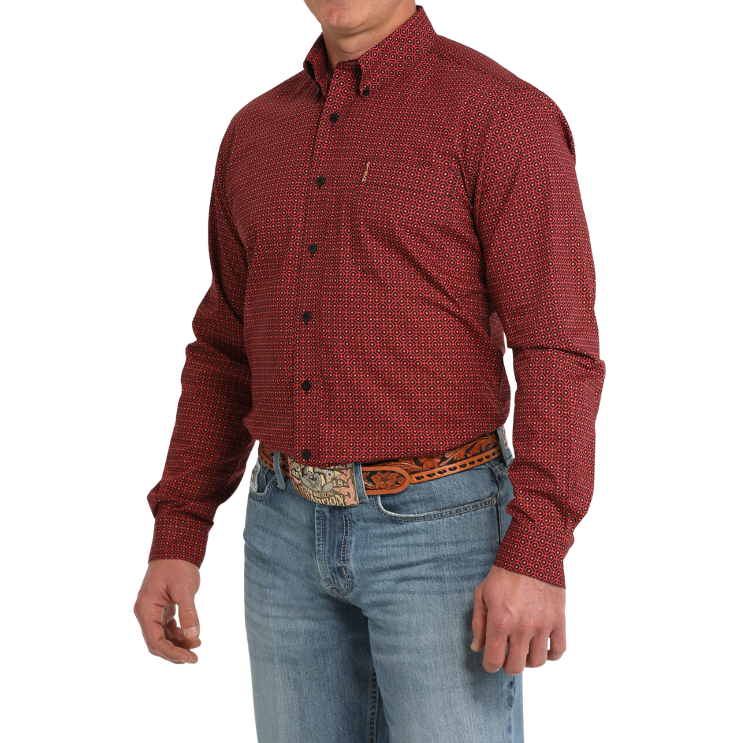 Cinch Men's Modern Fit Geometric Red Shirt