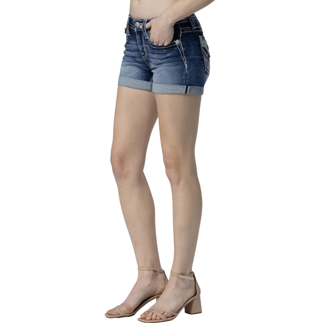 Miss Me Women's Sequin Garden Delight Medium Dark Wash Shorts