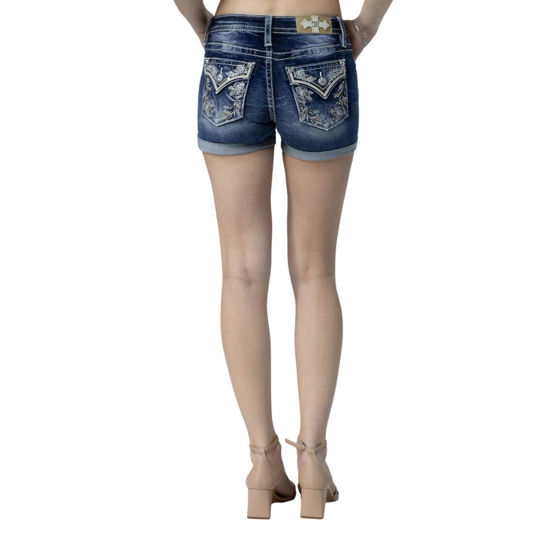 Miss Me Women's Sequin Garden Delight Medium Dark Wash Shorts
