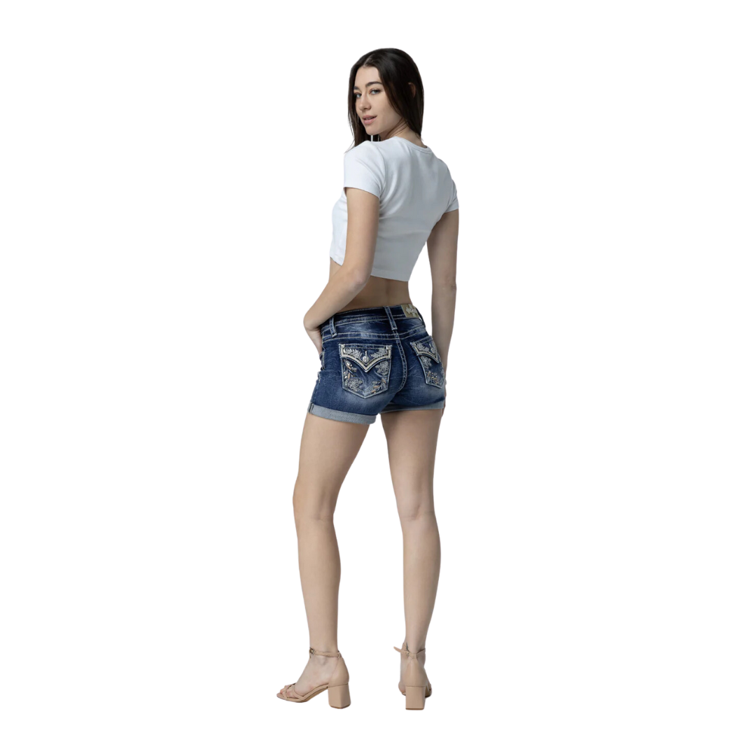 Miss Me Women's Sequin Garden Delight Medium Dark Wash Shorts