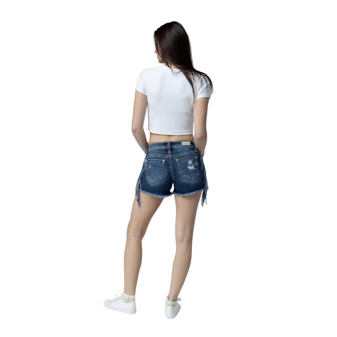 Miss Me Women's Shining Fringe Medium Dark Wash Shorts