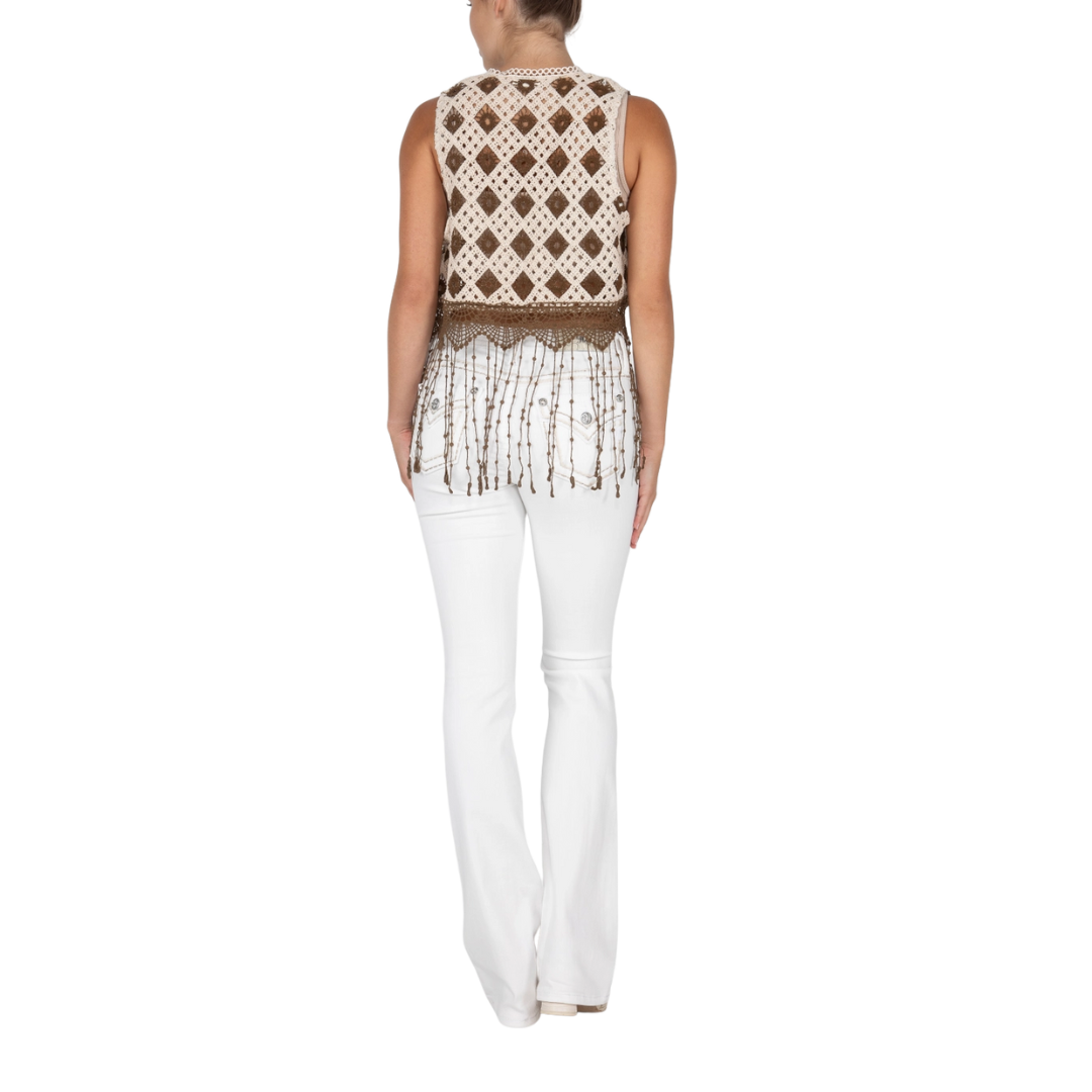 Miss Me Women's All Over Crochet Crop Fringed Multicolor Vest